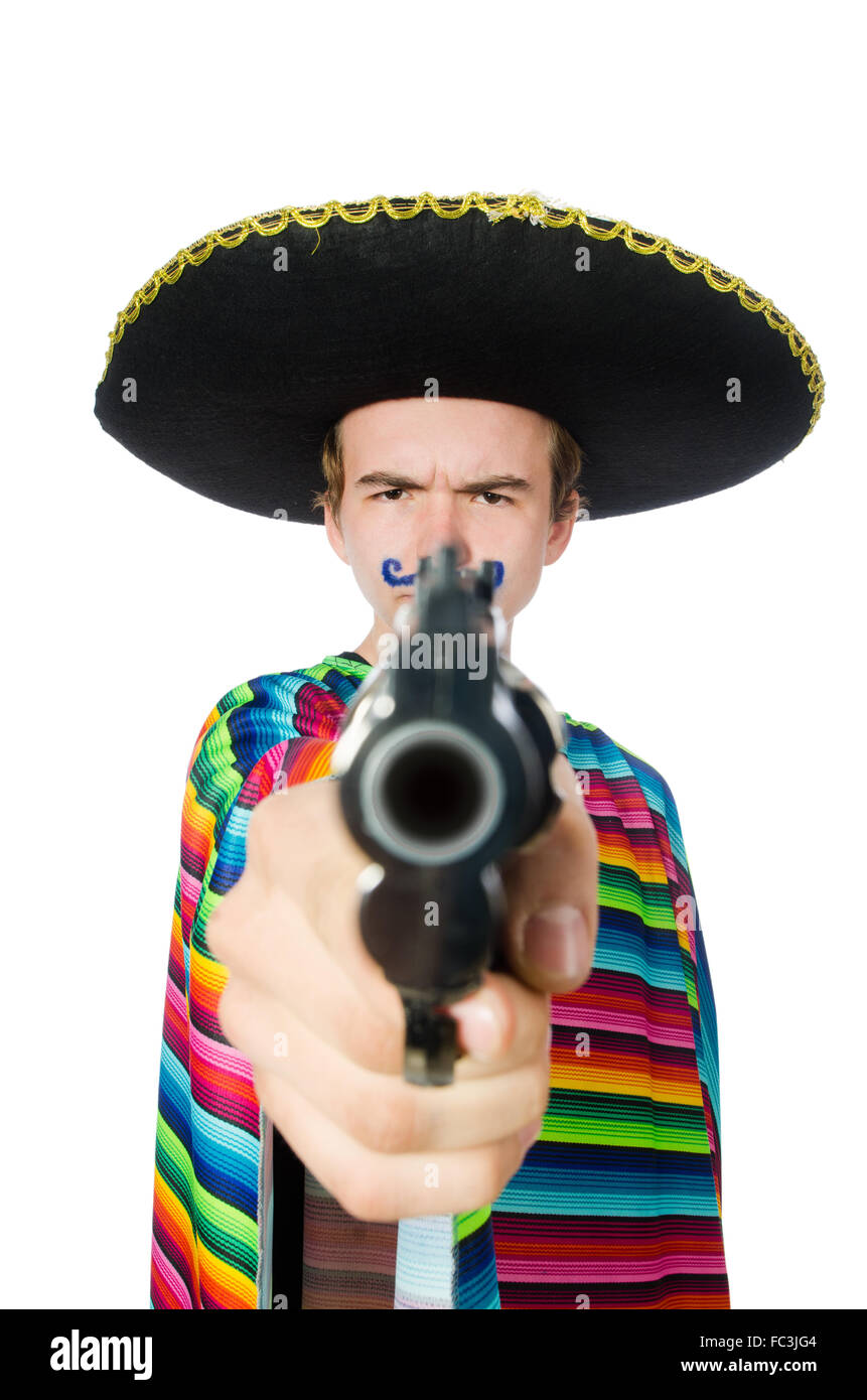 Funny young mexican with gun isolated on white Stock Photo Alamy