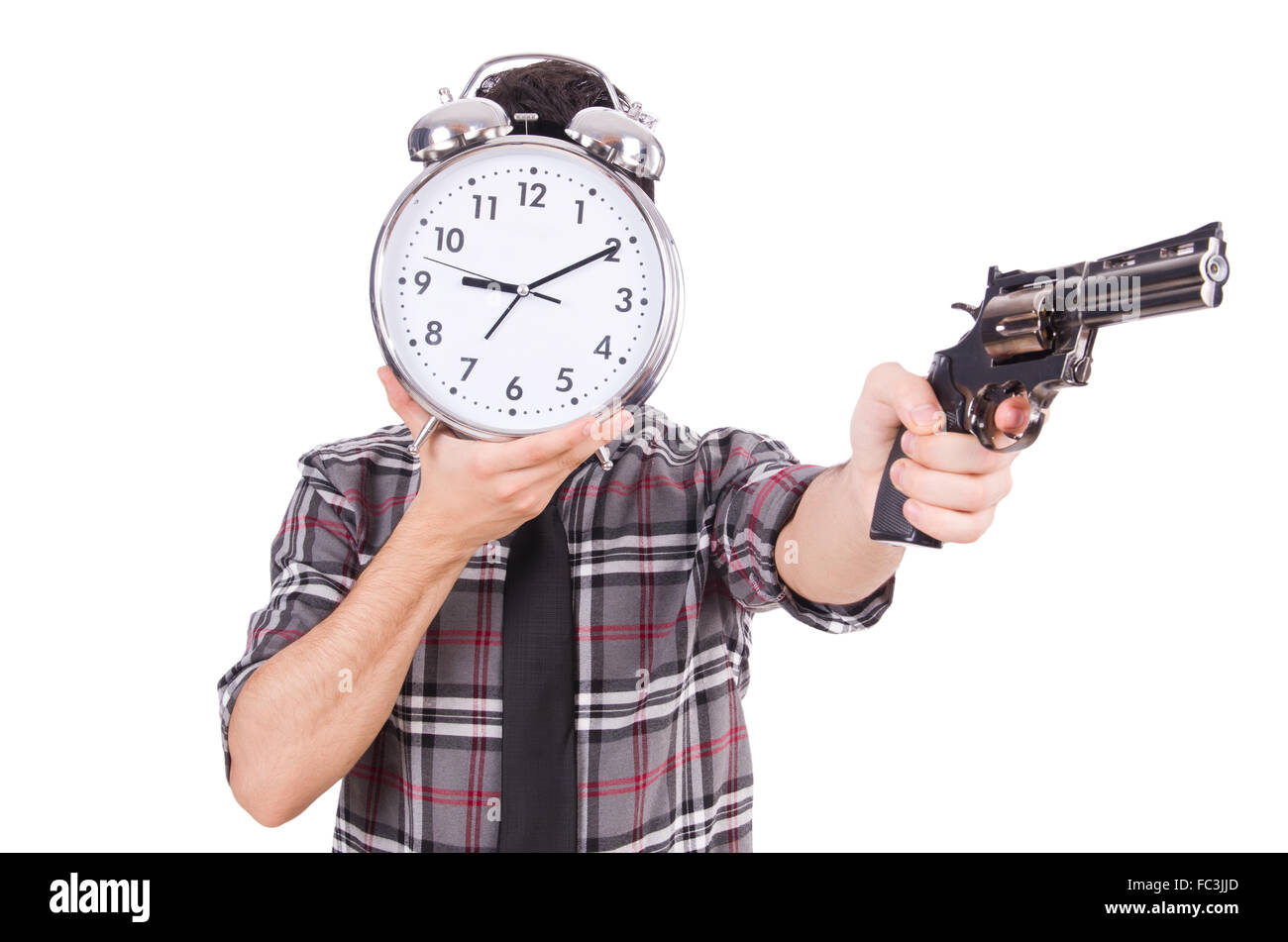 Employee holding alarm clock and weapon isolated on white Stock Photo Alamy