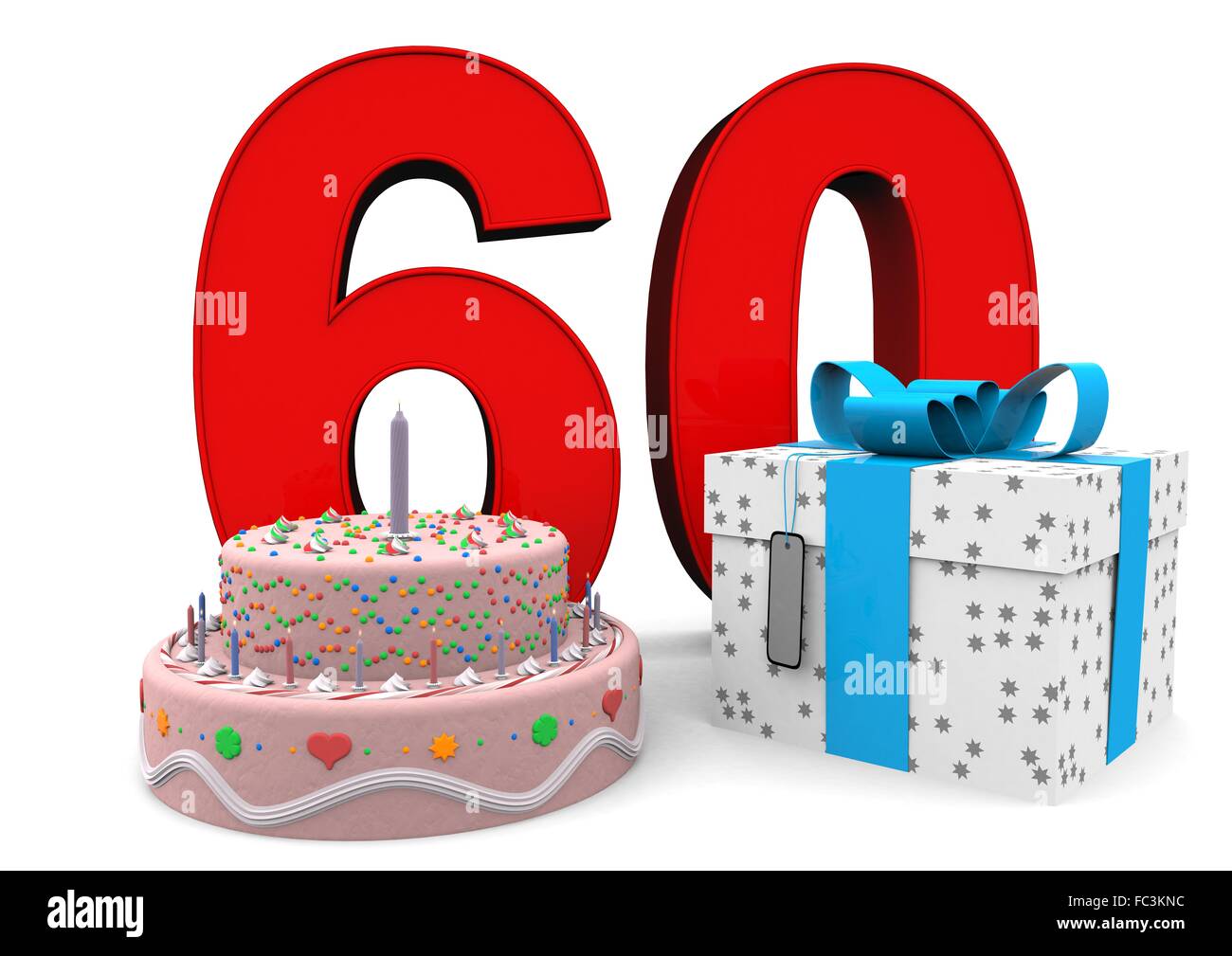 Happy Birthday mit Geschenk und Kuchen Stock Photo