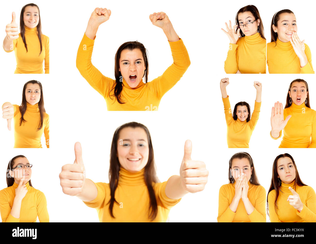 Woman different gestures collage isolated on white background Stock Photo