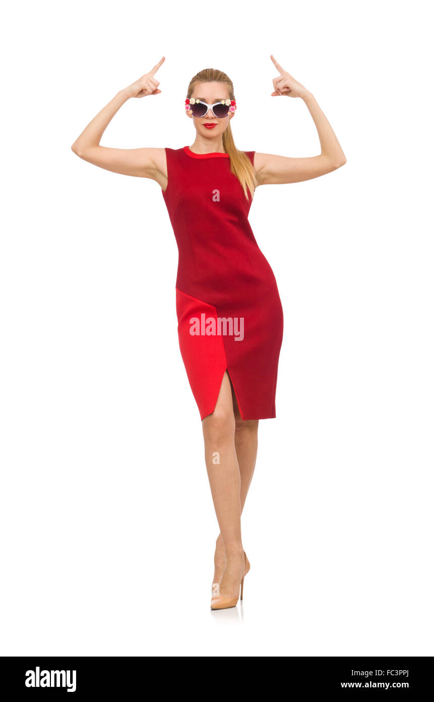 Pretty young woman in red dress isolated on white Stock Photo - Alamy