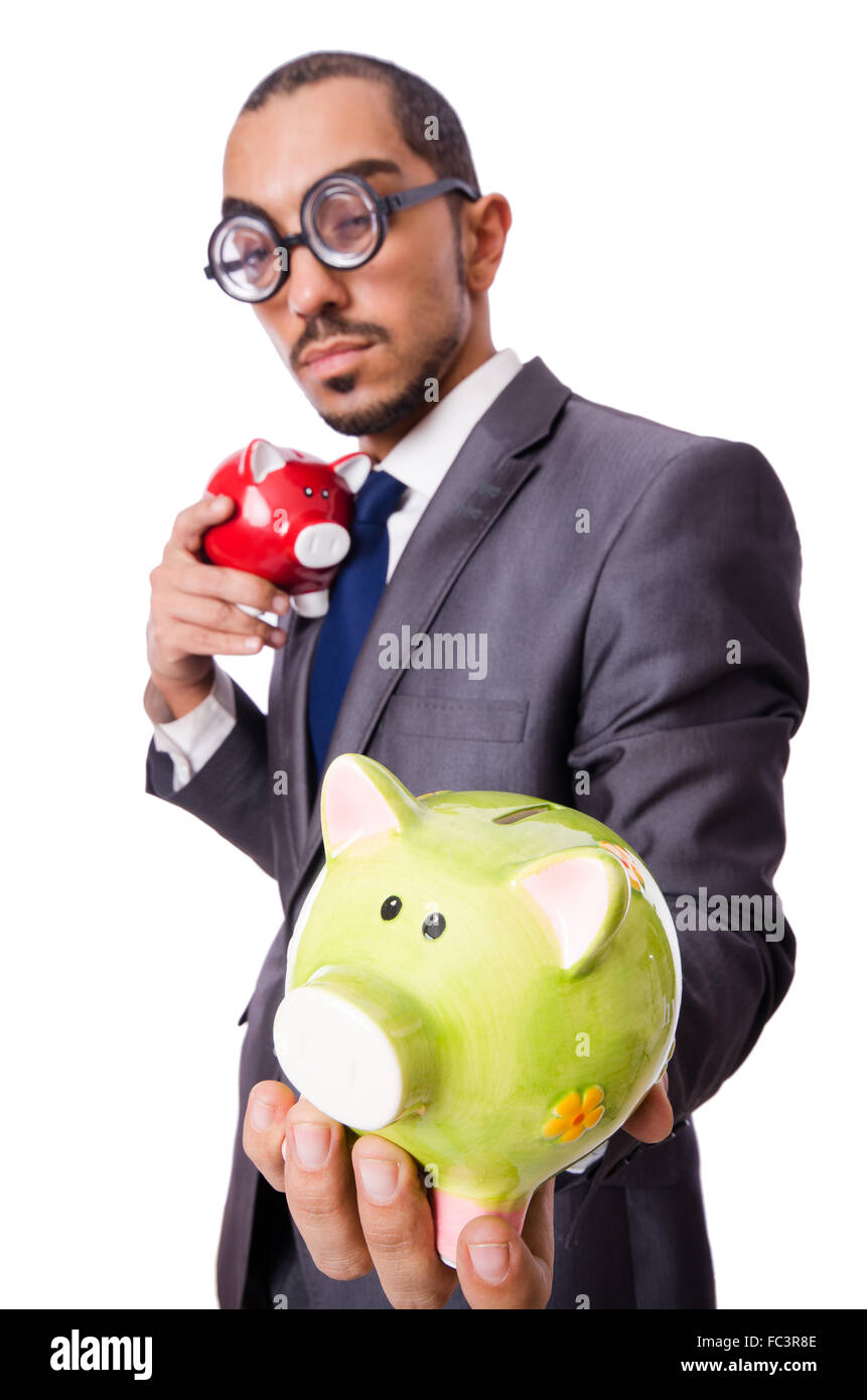 Funny man breaking his piggy bank Stock Photo - Alamy