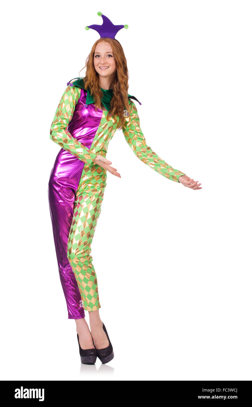 Woman wearing clown costume isolated on white Stock Photo - Alamy