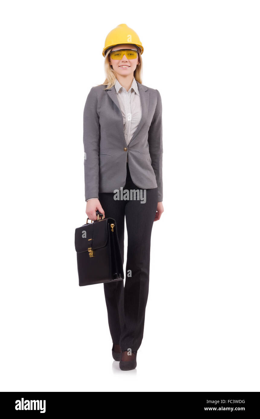 Construction employee with briefcase isolated on white Stock Photo Alamy