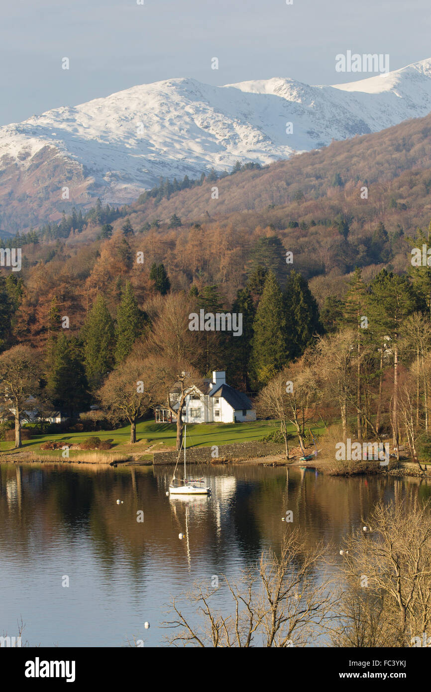 Lake Windermere Cumbria UK Weather 20th January 2016 Cold sunny day over Lake Windermere & snow