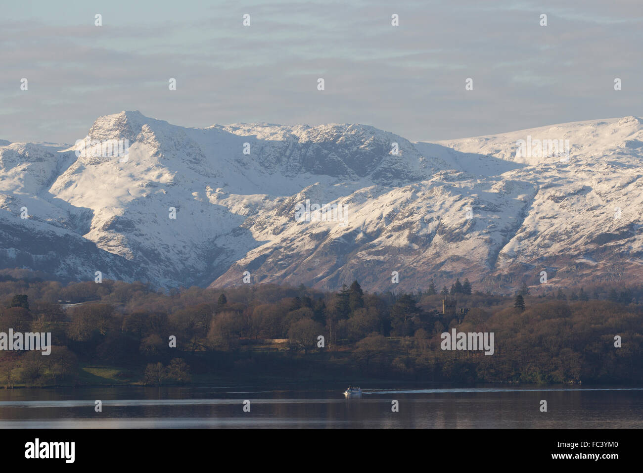 Lake Windermere Cumbria UK Weather 20th January 2016 Cold sunny day over Lake Windermere & snow
