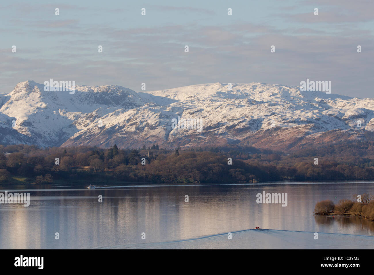 Lake Windermere Cumbria UK Weather 20th January 2016 Cold sunny day over Lake Windermere & snow