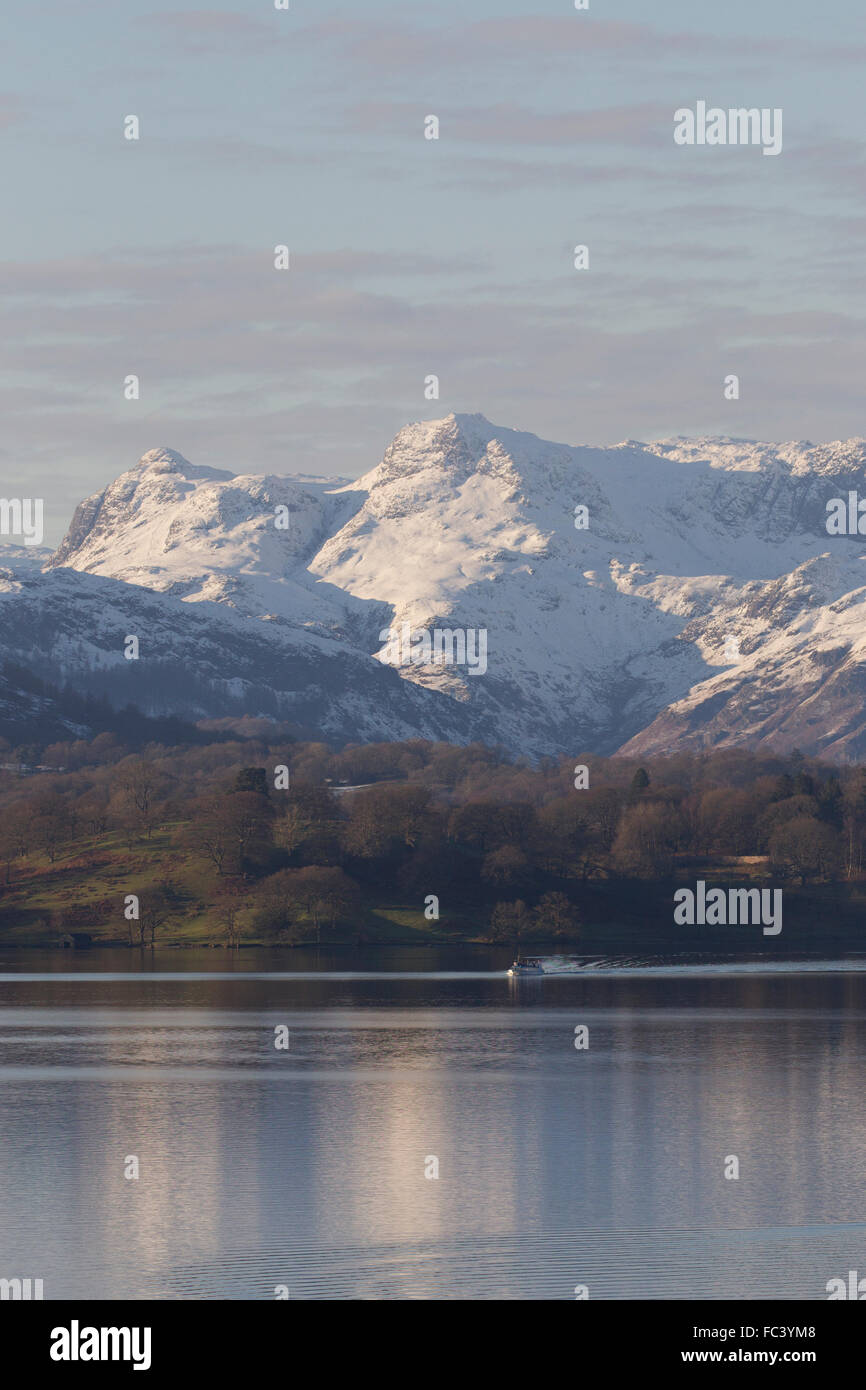 Lake Windermere Cumbria UK Weather 20th January 2016 Cold sunny day over Lake Windermere & snow