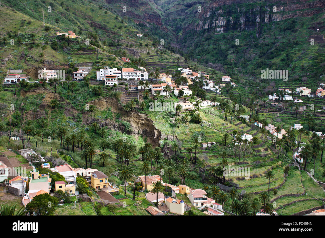 Town El Hornillo with terraced hillside, Valle Gran Rey, island La Gomera, Canary islands, Spain Stock Photo