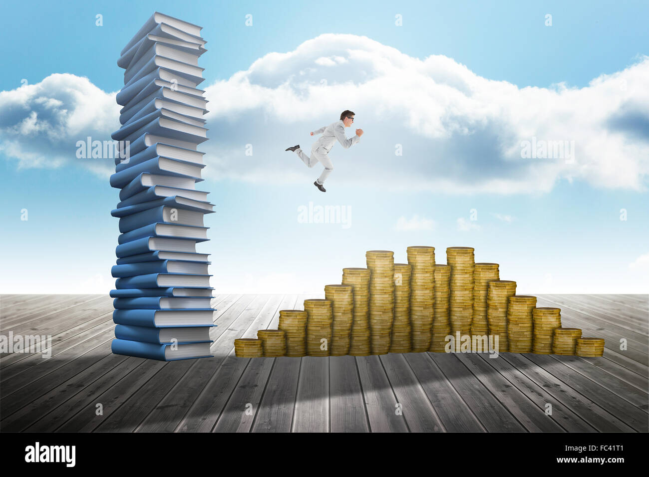 Composite image of geeky happy businessman running mid air Stock Photo ...