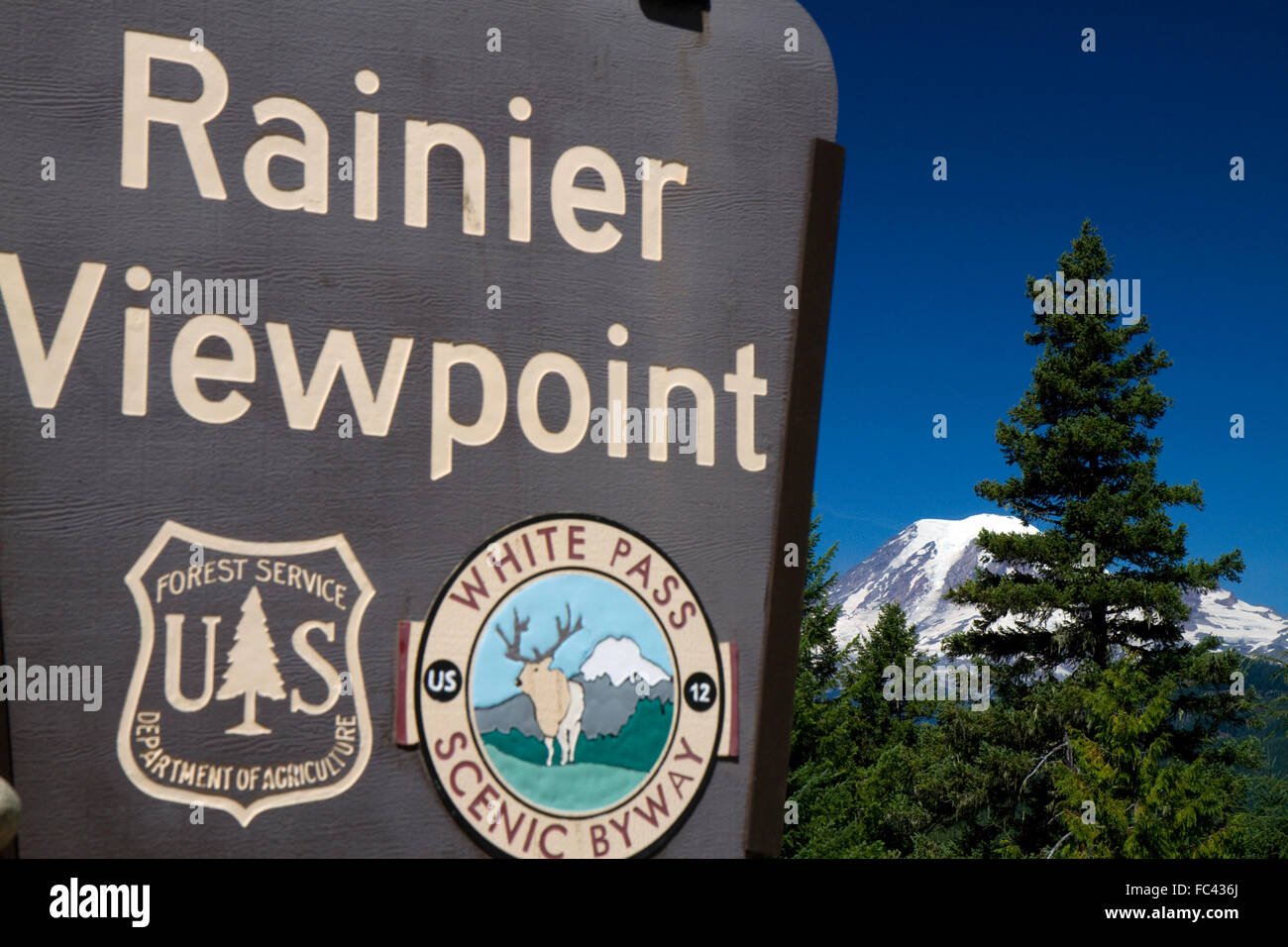 Mount Rainier viewpoint sign in the state of Washington, USA. Stock Photo