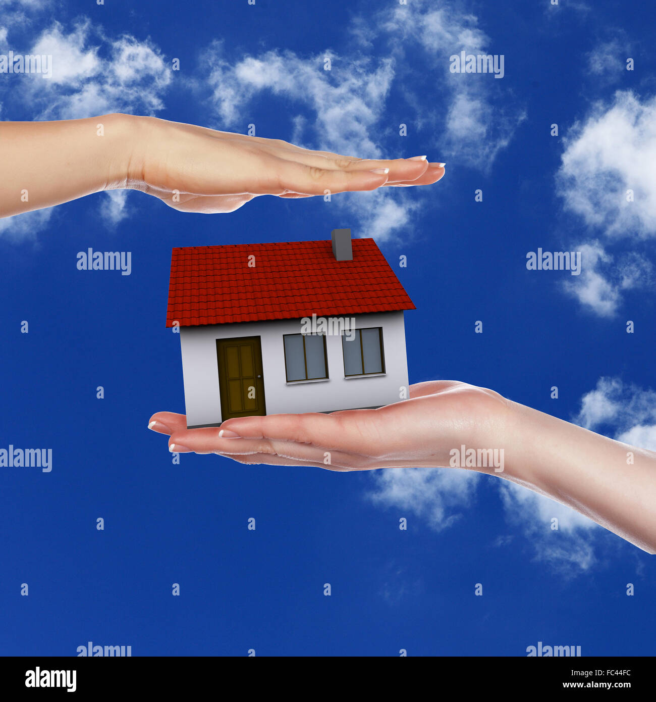 Human hand against blue sky background and house Stock Photo - Alamy