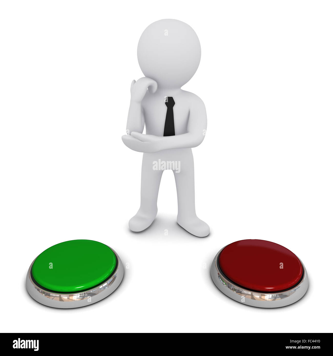 small three-dimensional man chooses which button to press, green or red Stock Photo