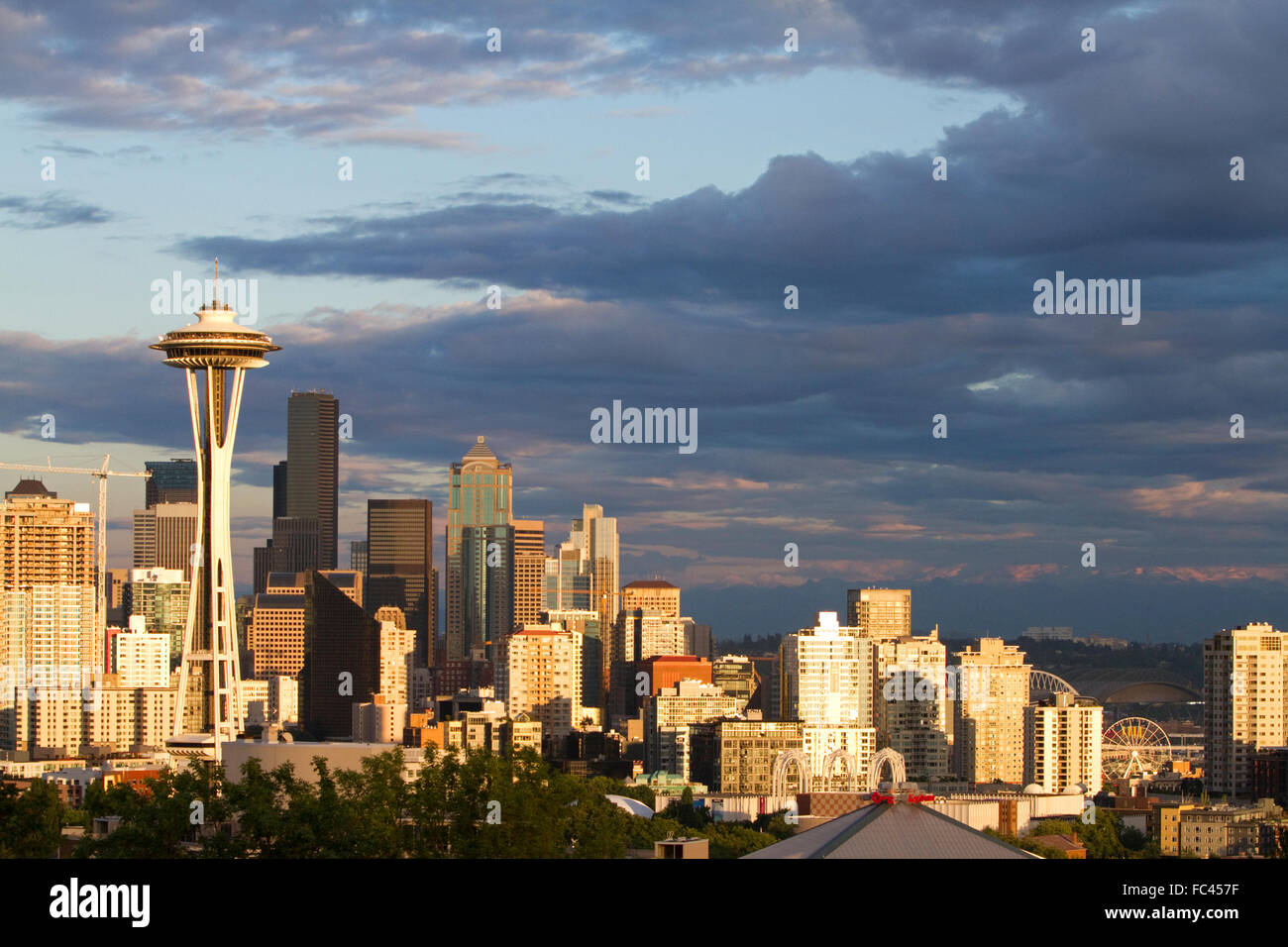 Seattle city scape at sunset with Space Needle, Washington, USA. Stock Photo