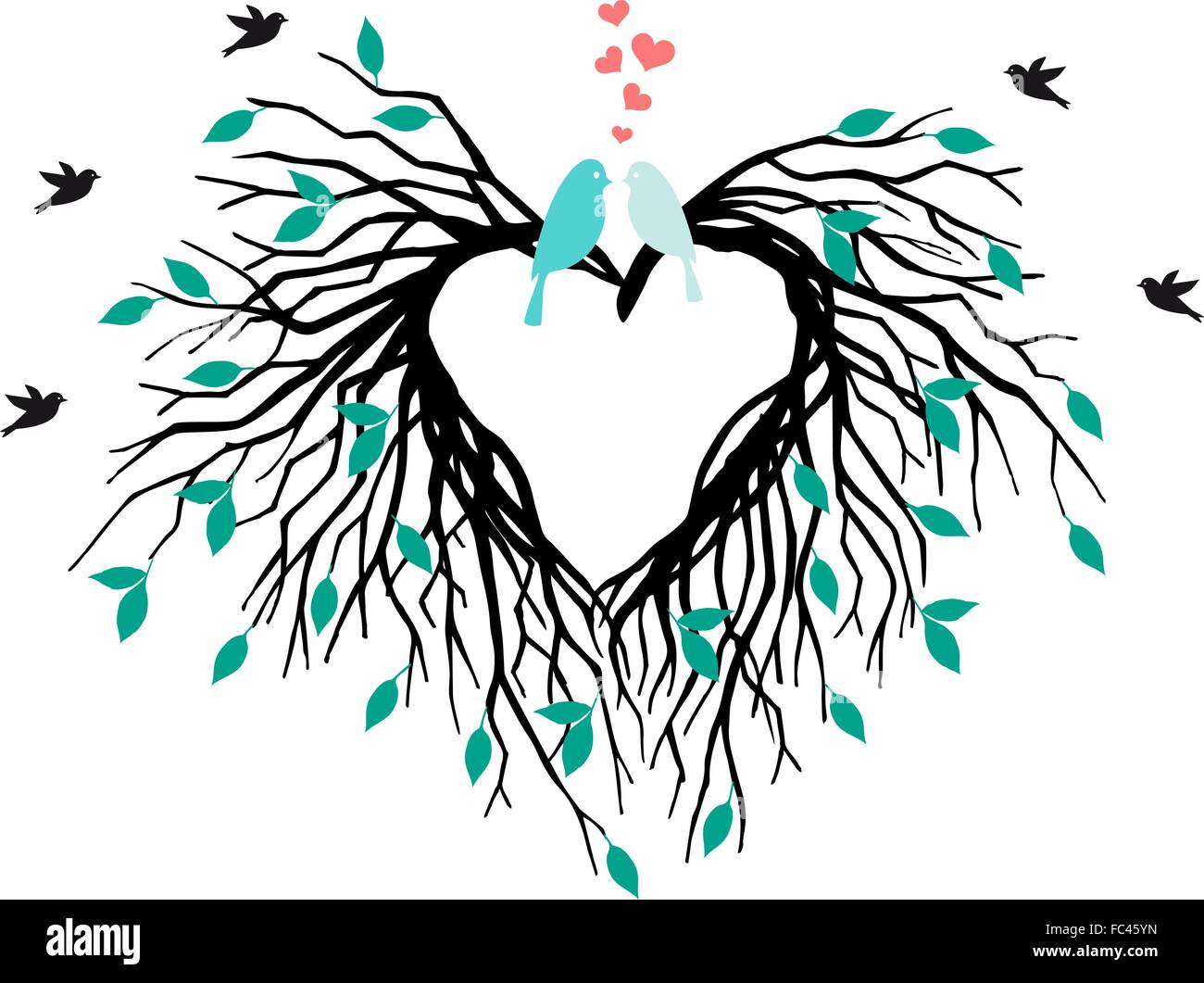 heart shaped wedding tree with birds, save the date, vector ...