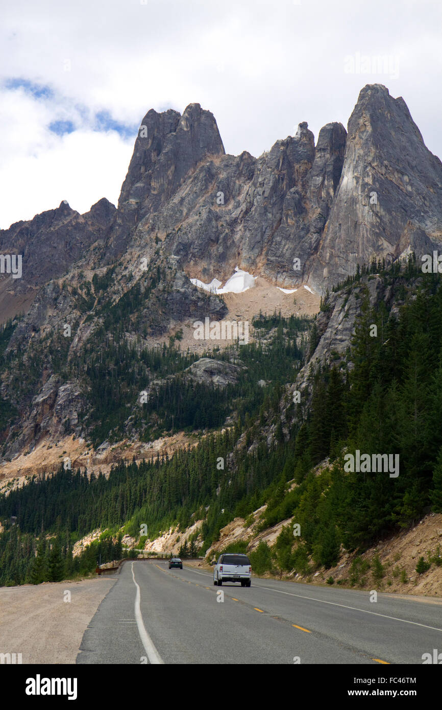 State Route 20 and Liberty Bell Mountain at Washington Pass in the northern Cascade Mountains, Washington, USA. Stock Photo