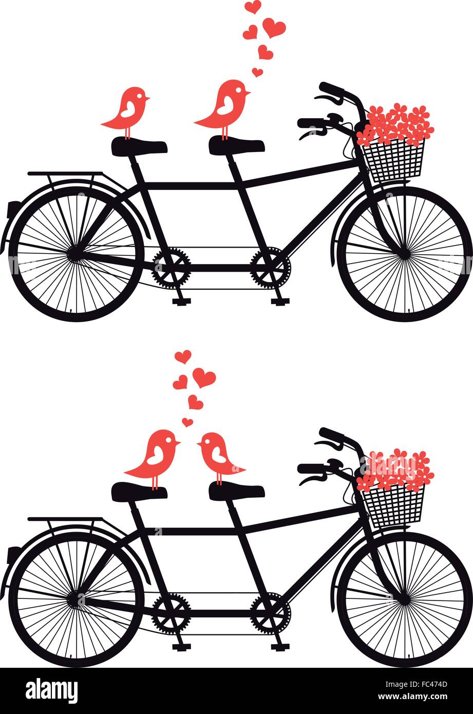 tandem bicycle with love birds and red hearts, vector Stock Vector