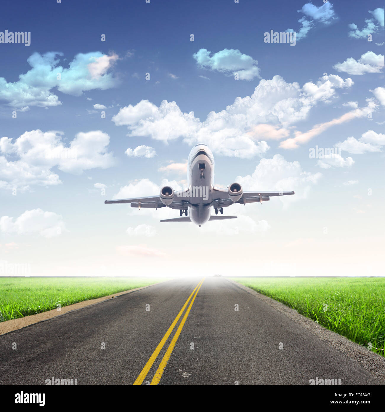 Image of a white passenger plane and blue sky with clouds Stock Photo ...