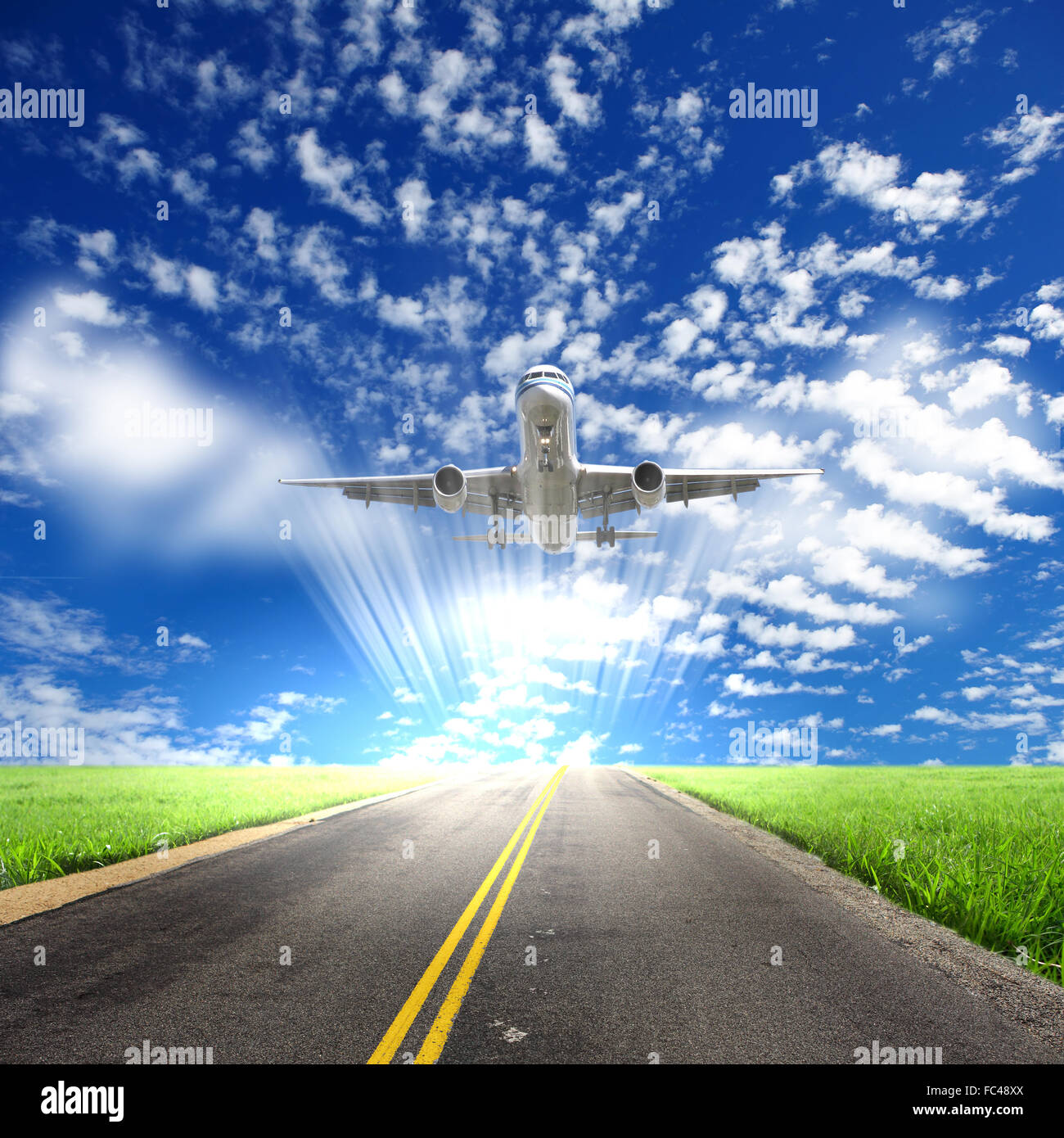 Image of a white passenger plane and blue sky with clouds Stock Photo ...