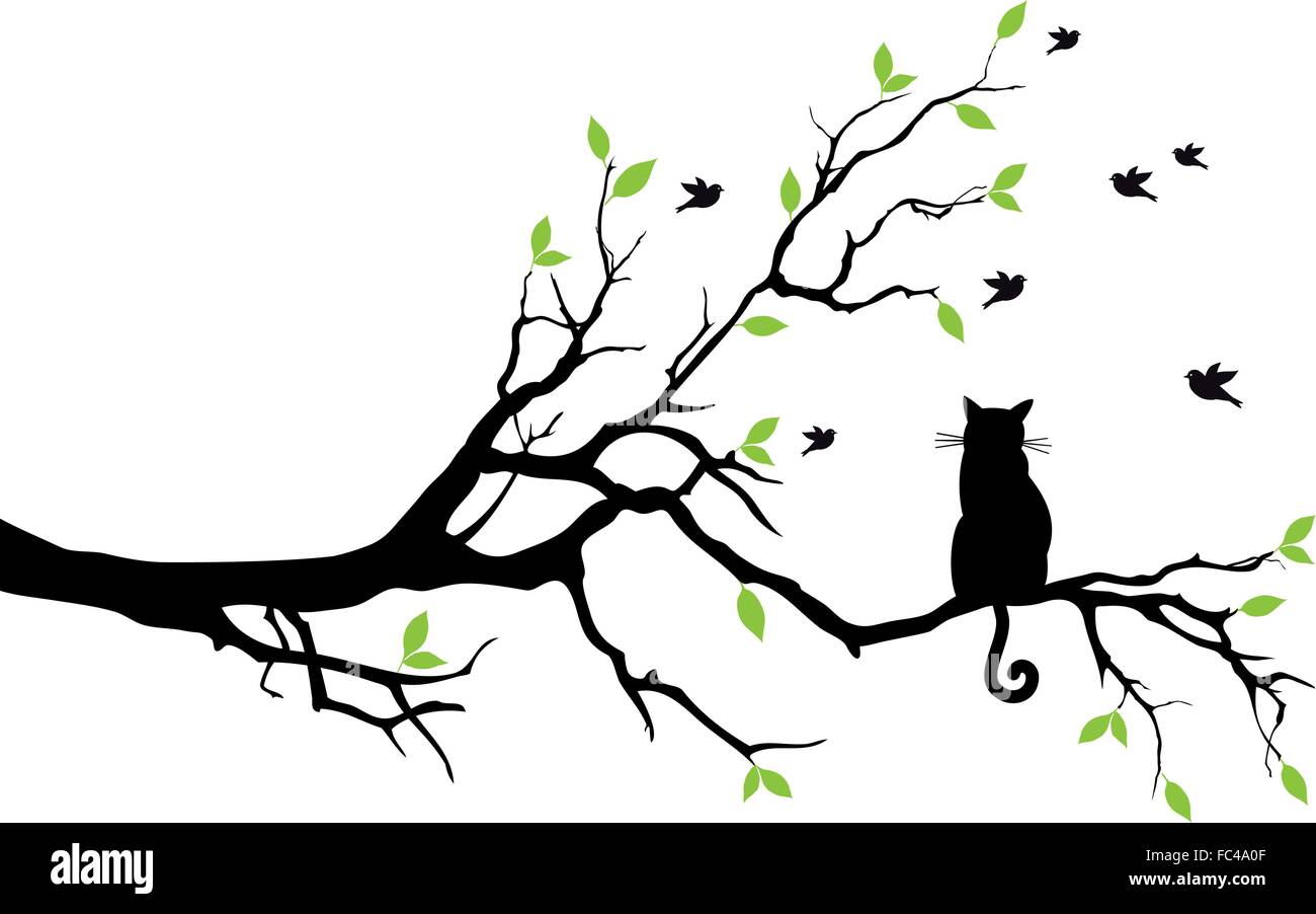 Black Cat Sitting On Tree Branch Watching Birds Vector Illustration Stock Vector Image Art Alamy