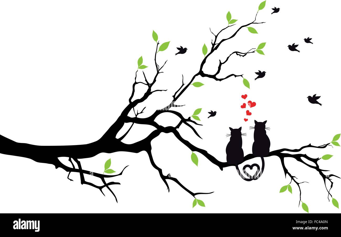 Cats in love sitting on tree, vector illustration Stock Vector