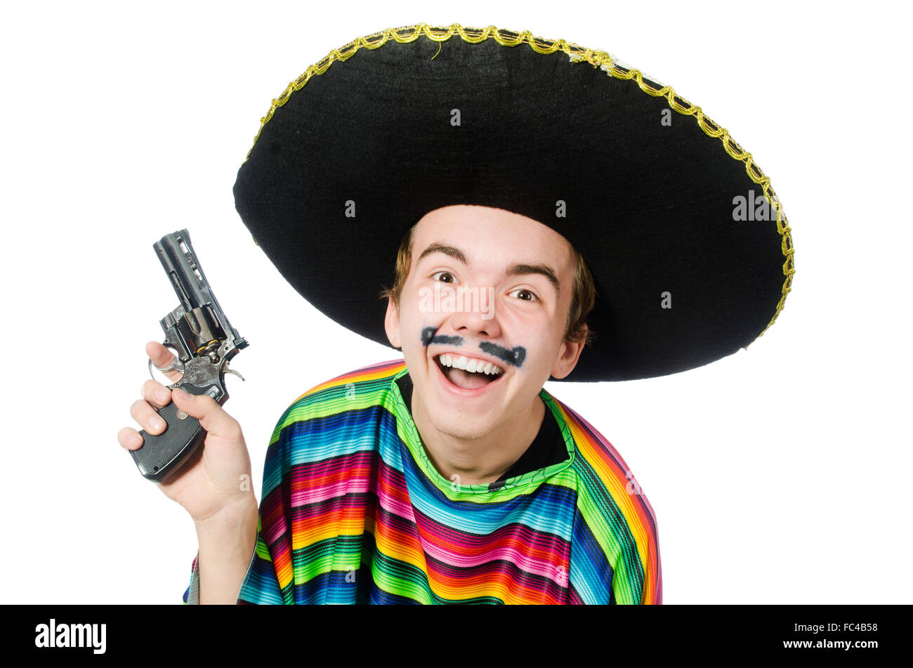 Funny young mexican with gun isolated on white Stock Photo Alamy
