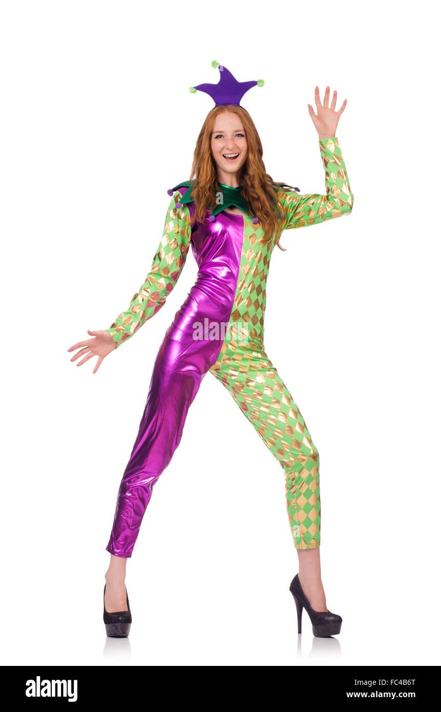 Woman wearing clown costume isolated on white Stock Photo - Alamy