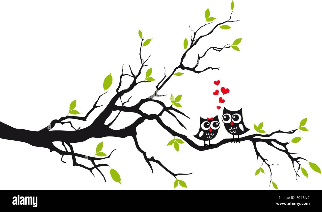 Cute owls in love sitting on green tree, vector illustration Stock Vector
