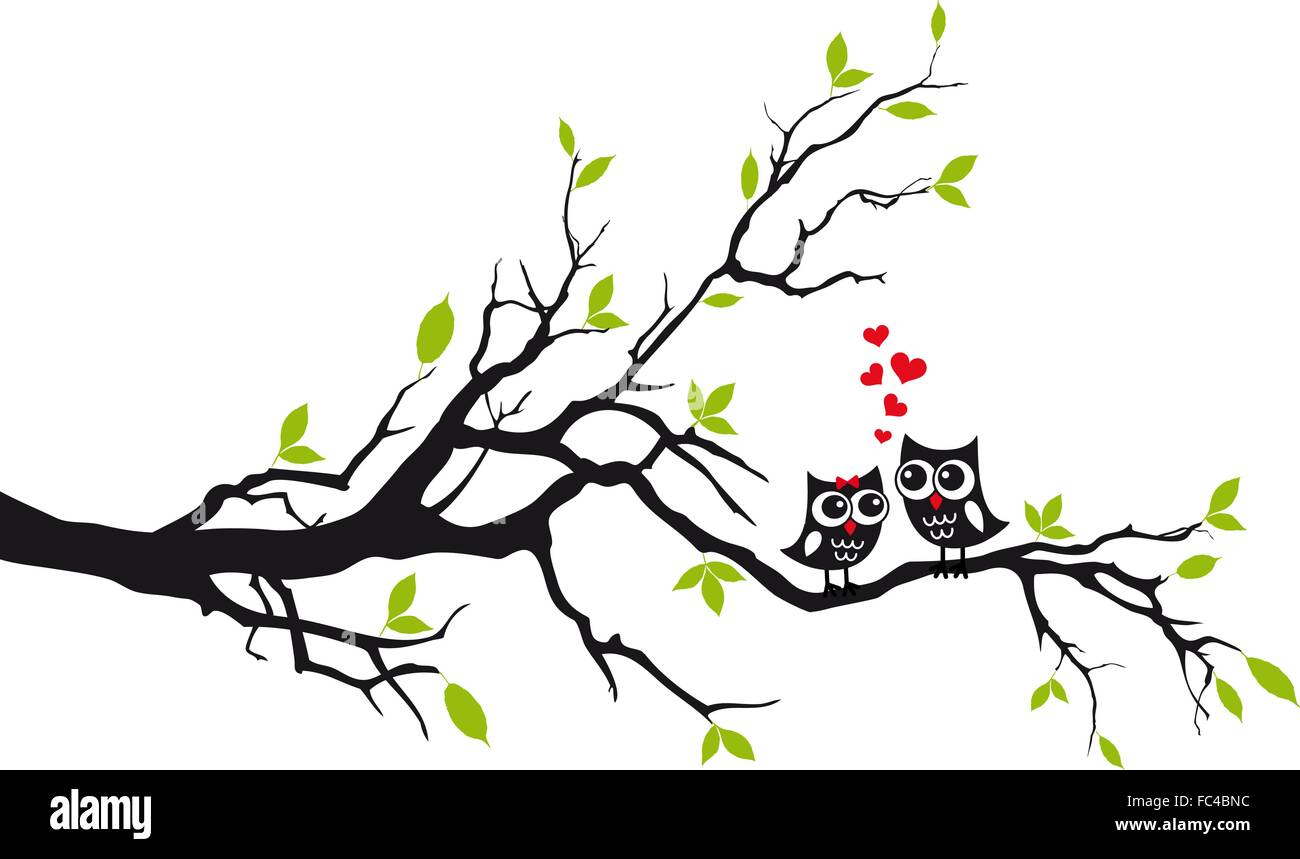 Cute owls in love sitting on green tree, vector illustration Stock ...