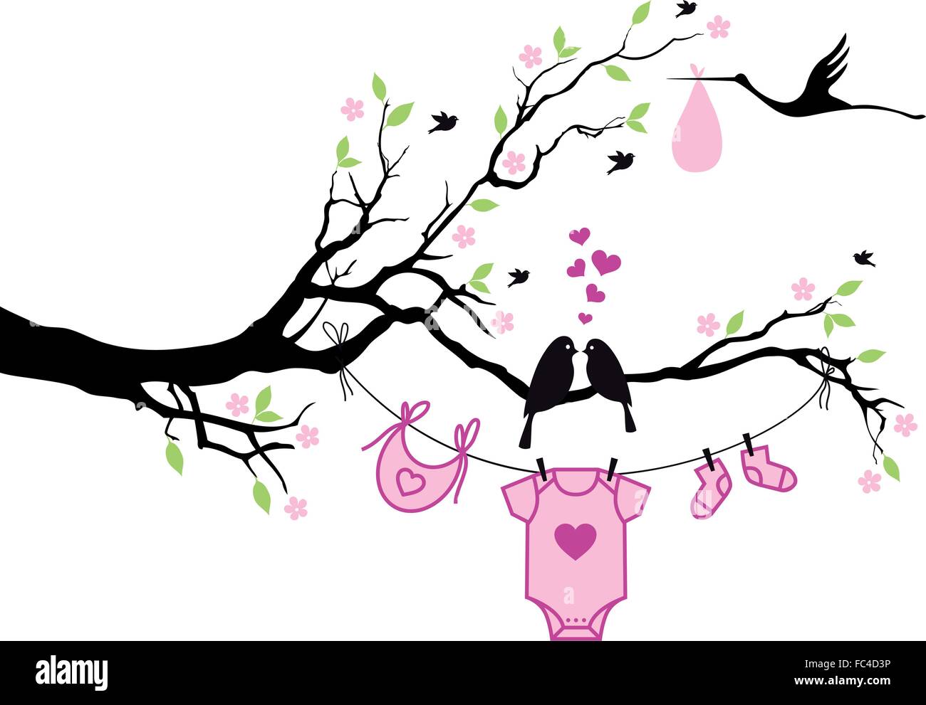 cute baby shower design with birds on tree, vector background Stock Vector