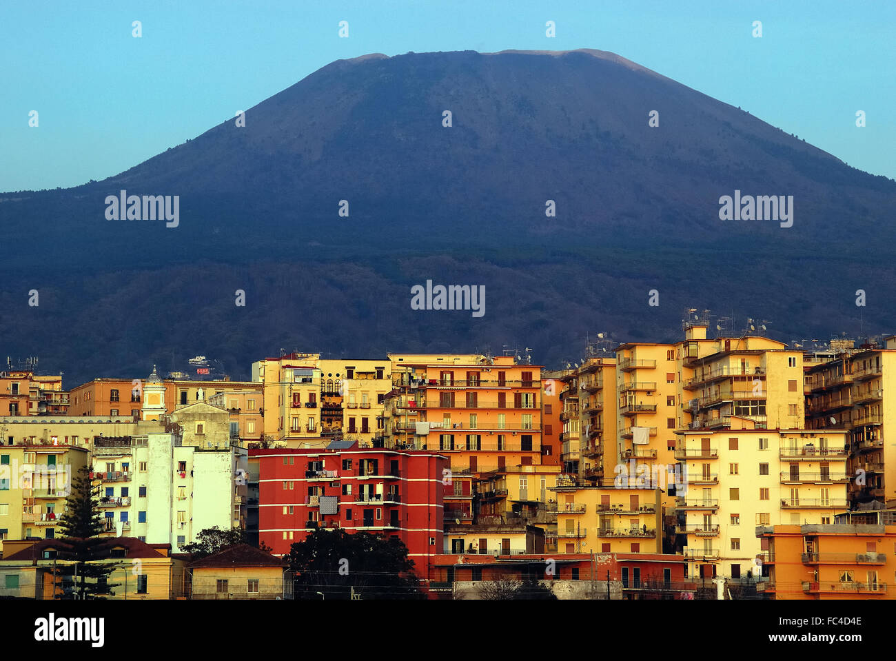 Torre del Greco, Campania, Italy. Vesuvius looming over the town. Stock Photo