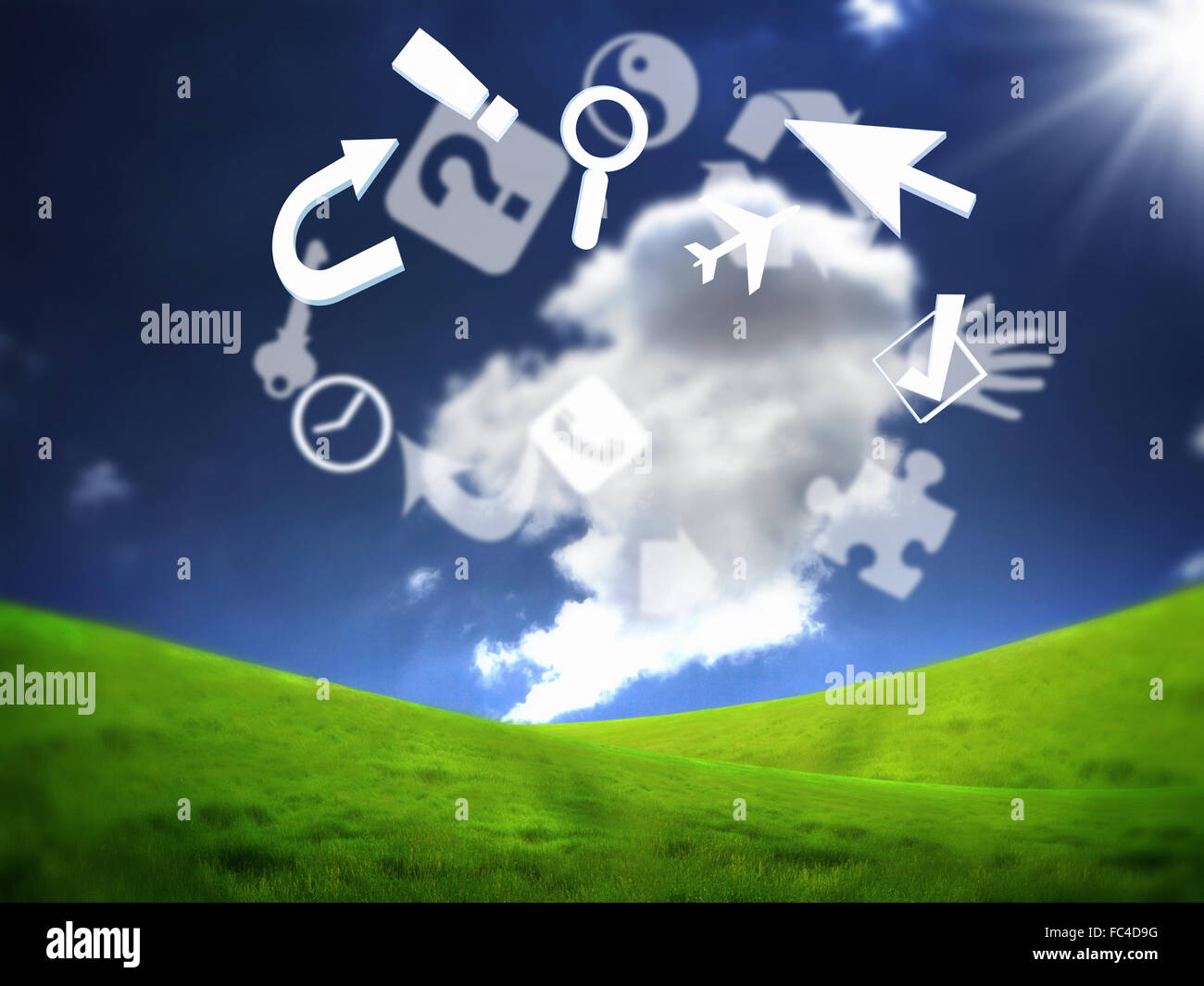 Various items of business on the skyline. Symbol of the electron cloud and high technology. Stock Photo