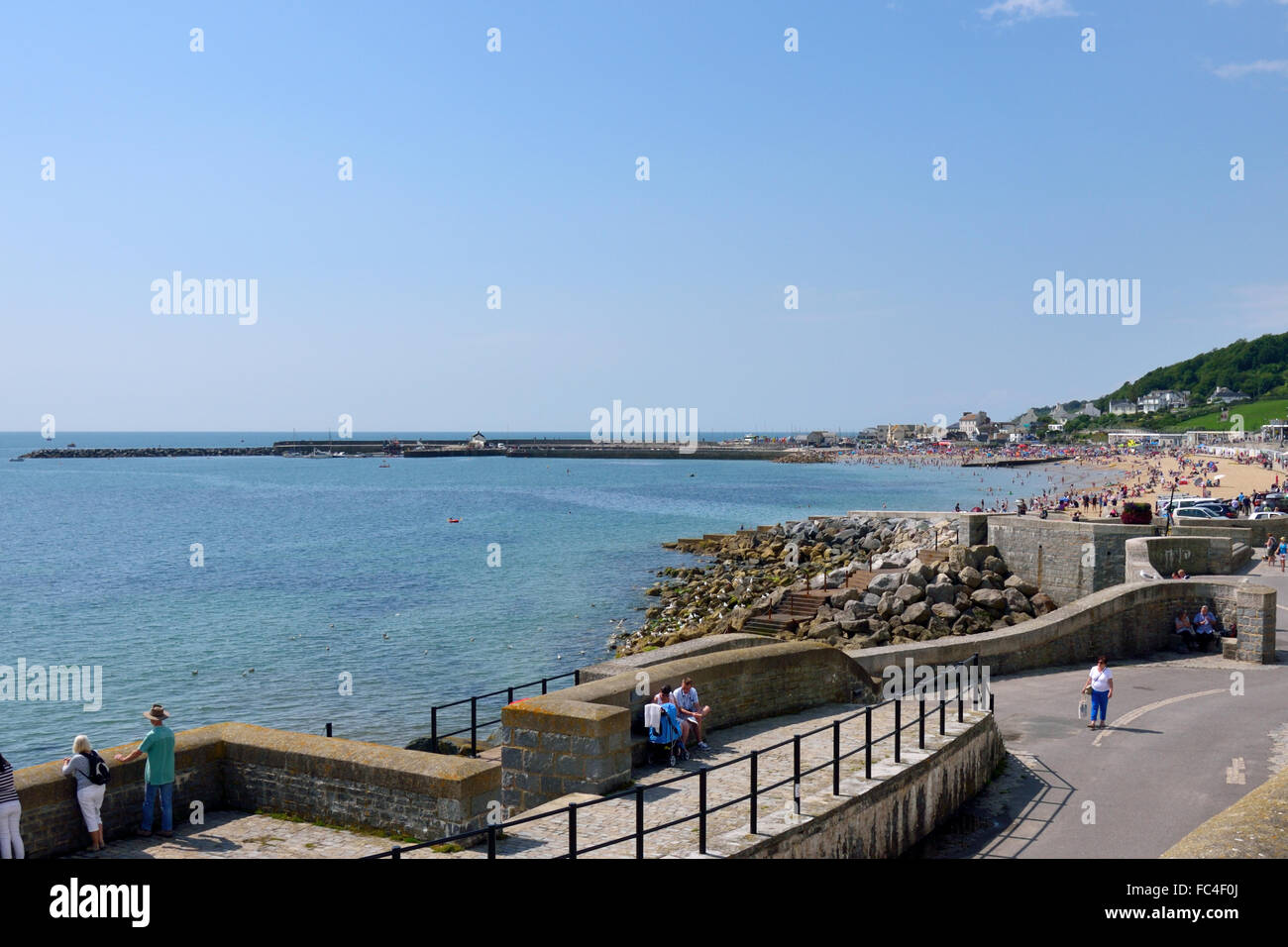Lyme Regis - Beach, Harbour & Cobb from the town Stock Photo