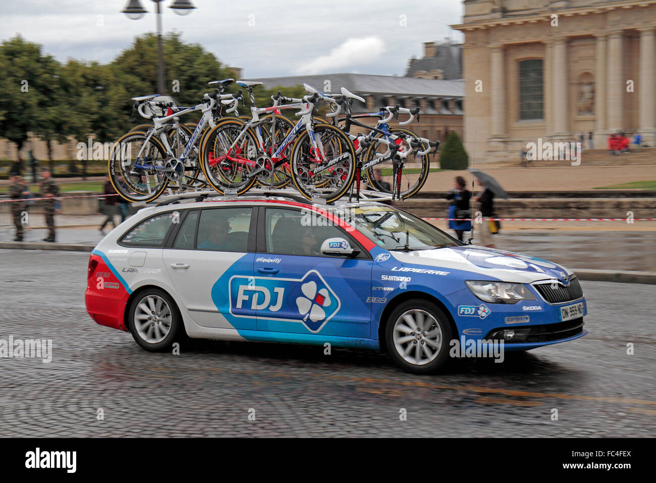 One of the 2015 Tour de France support cars for FDJ as it passes through Paris on the last stage of the race. Stock Photo