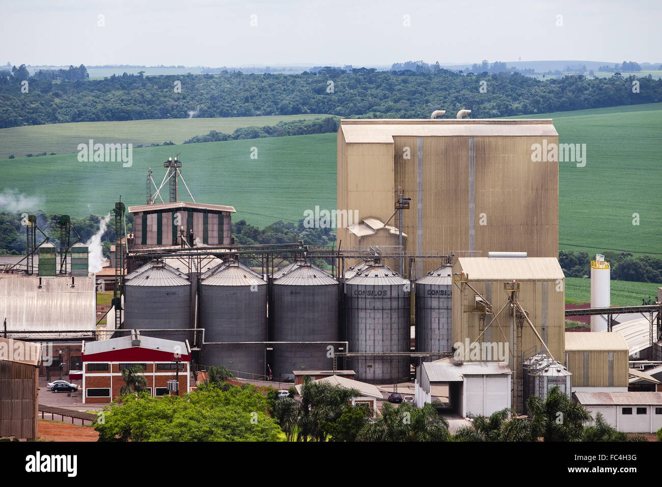 Top view of silos flour mill in the industrial park of agribusiness cooperative Stock Photo