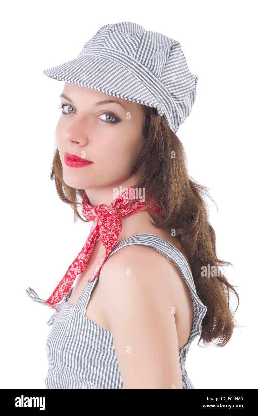 Young woman in gray striped dress isolated on white Stock Photo - Alamy