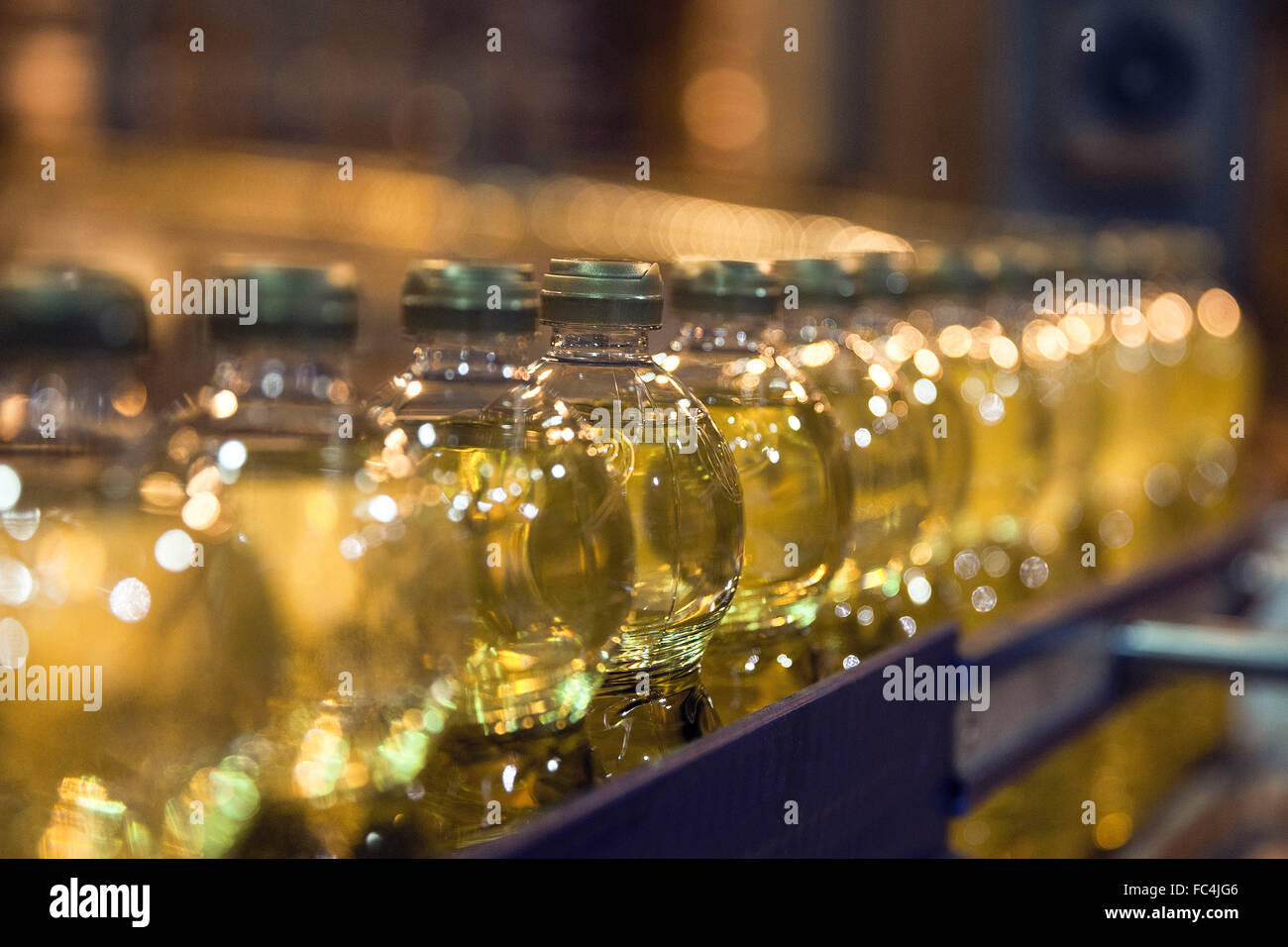 Detalhe de envase de garrafas de óleo vegetal de soja em agroindústria Stock Photo