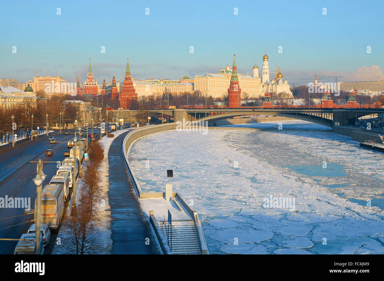 MOSCOW, RUSSIA - JANUARY 11, 2016: View of Moscow Kremlin in the winter and Bolshoy Kamenny Bridge Stock Photo