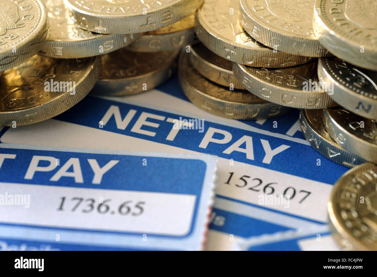 PAYSLIPS SHOWING NET PAY WITH ONE POUND COINS  RE WAGES SALARY WORKERS INCOMES DISPOSABLE INCOME HOUSEHOLD BUDGET JOB JOBS UK Stock Photo