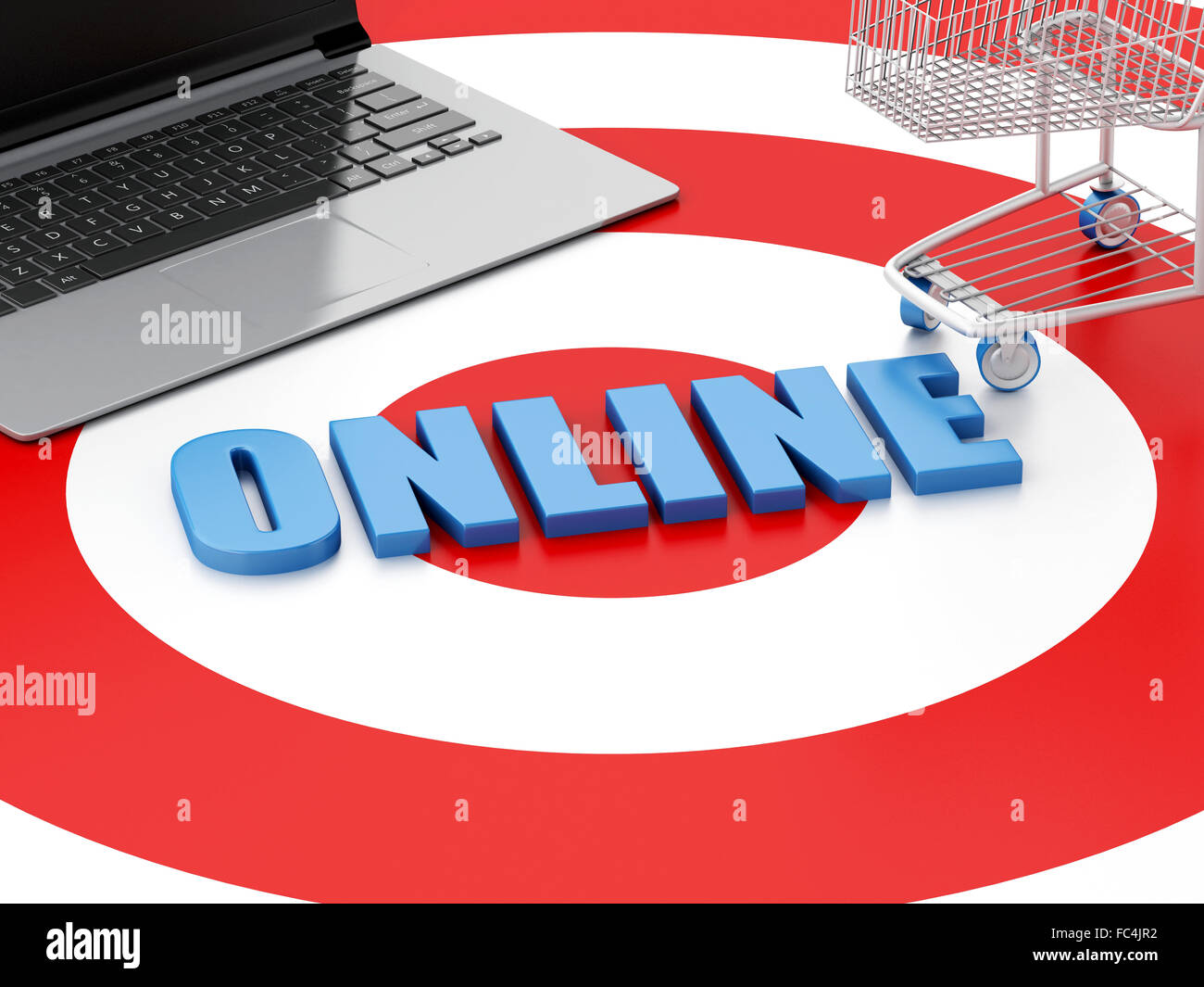 3d Laptop pc and Shopping cart on target Stock Photo Alamy