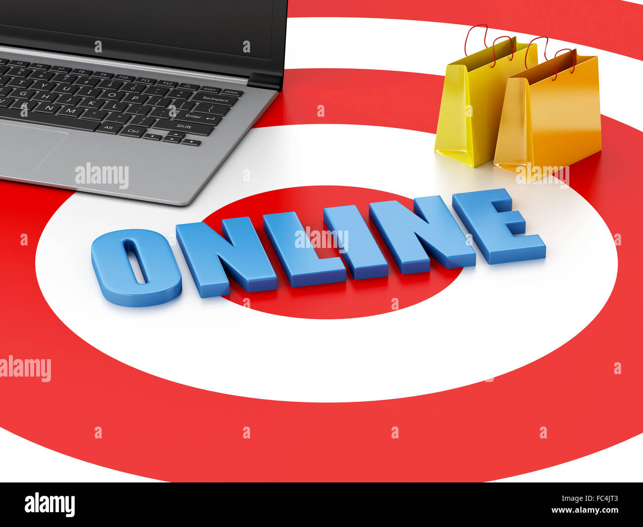 3d Laptop pc and Shopping bags on target Stock Photo Alamy