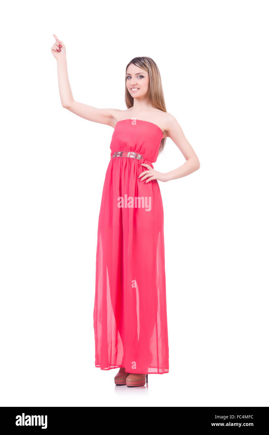 Beautiful girl in pink long dress isolated on white Stock Photo