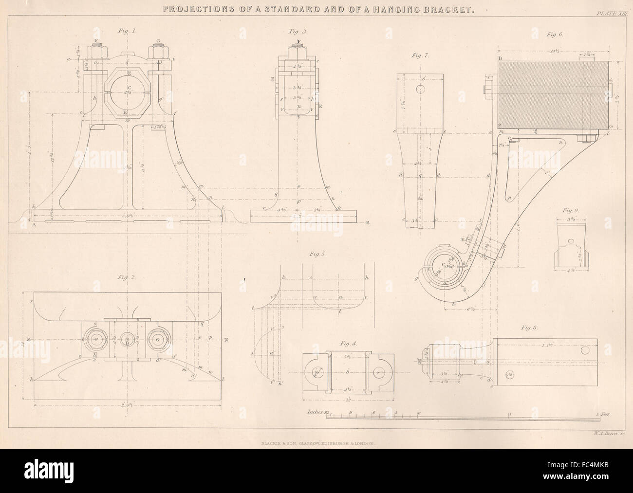 VICTORIAN ENGINEERING DRAWING. Standard & hanging bracket projections, 1876 Stock Photo
