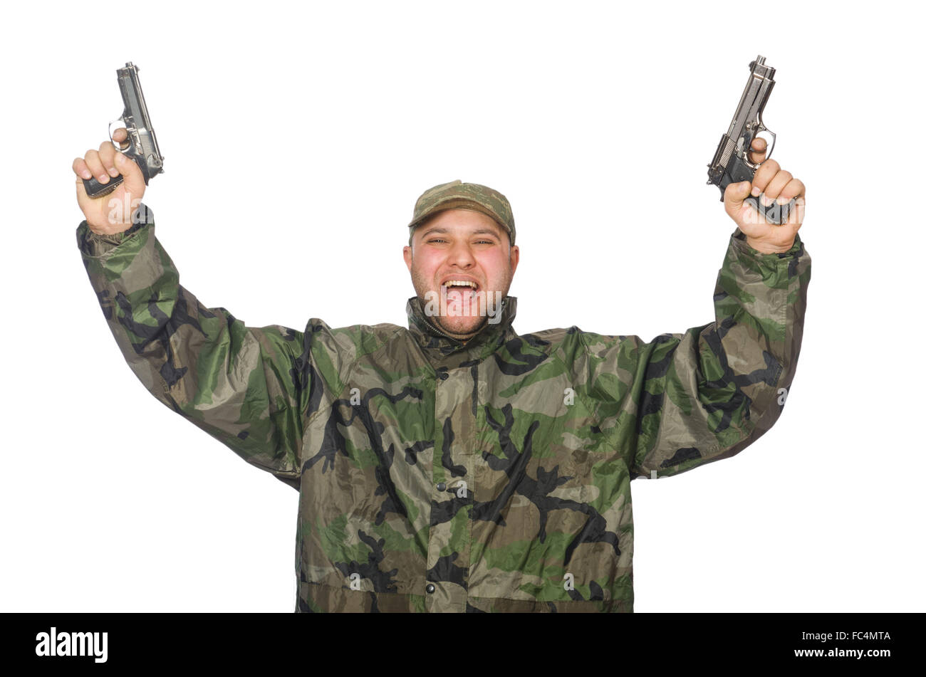 Young man in soldier uniform holding gun isolated on white Stock Photo ...