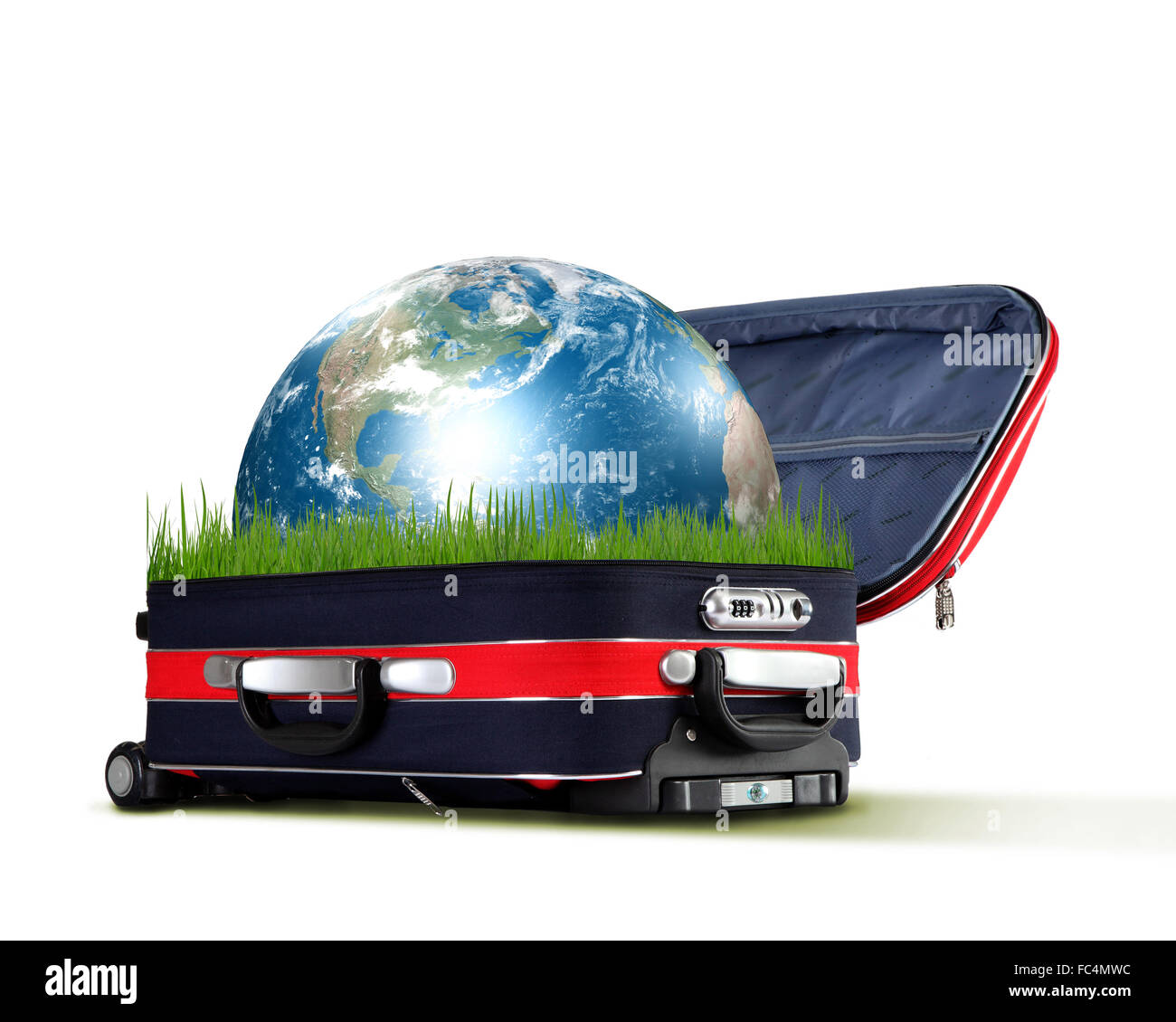 Red suitcase with our planet Earth inside Stock Photo