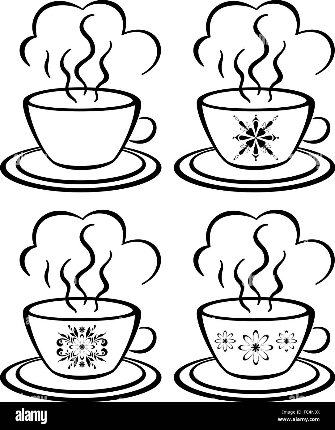 Cups with a floral pattern, outline Stock Vector