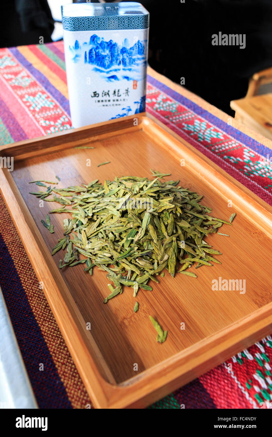 Fresh green tea at Meijiawu Tea Village on the west end of Hangzhou’s West Lake. The village is famous for its Longjing tea Stock Photo