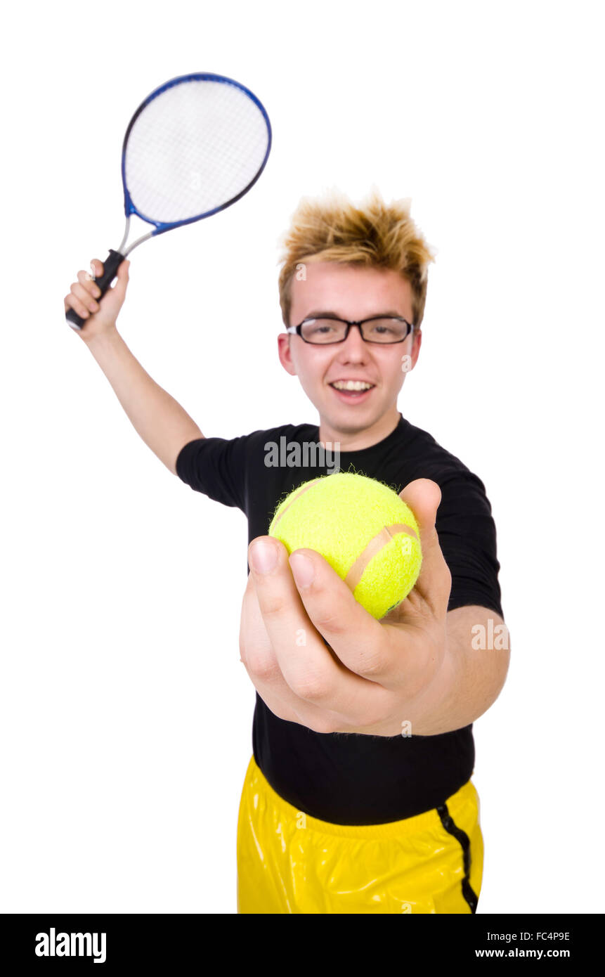Funny tennis player isolated on white Stock Photo Alamy