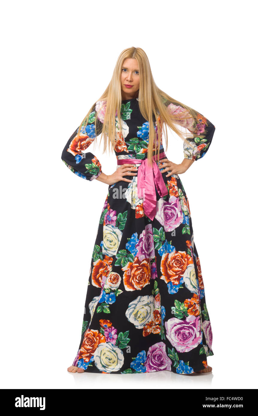 Girl in long flower dress isolated on white Stock Photo - Alamy