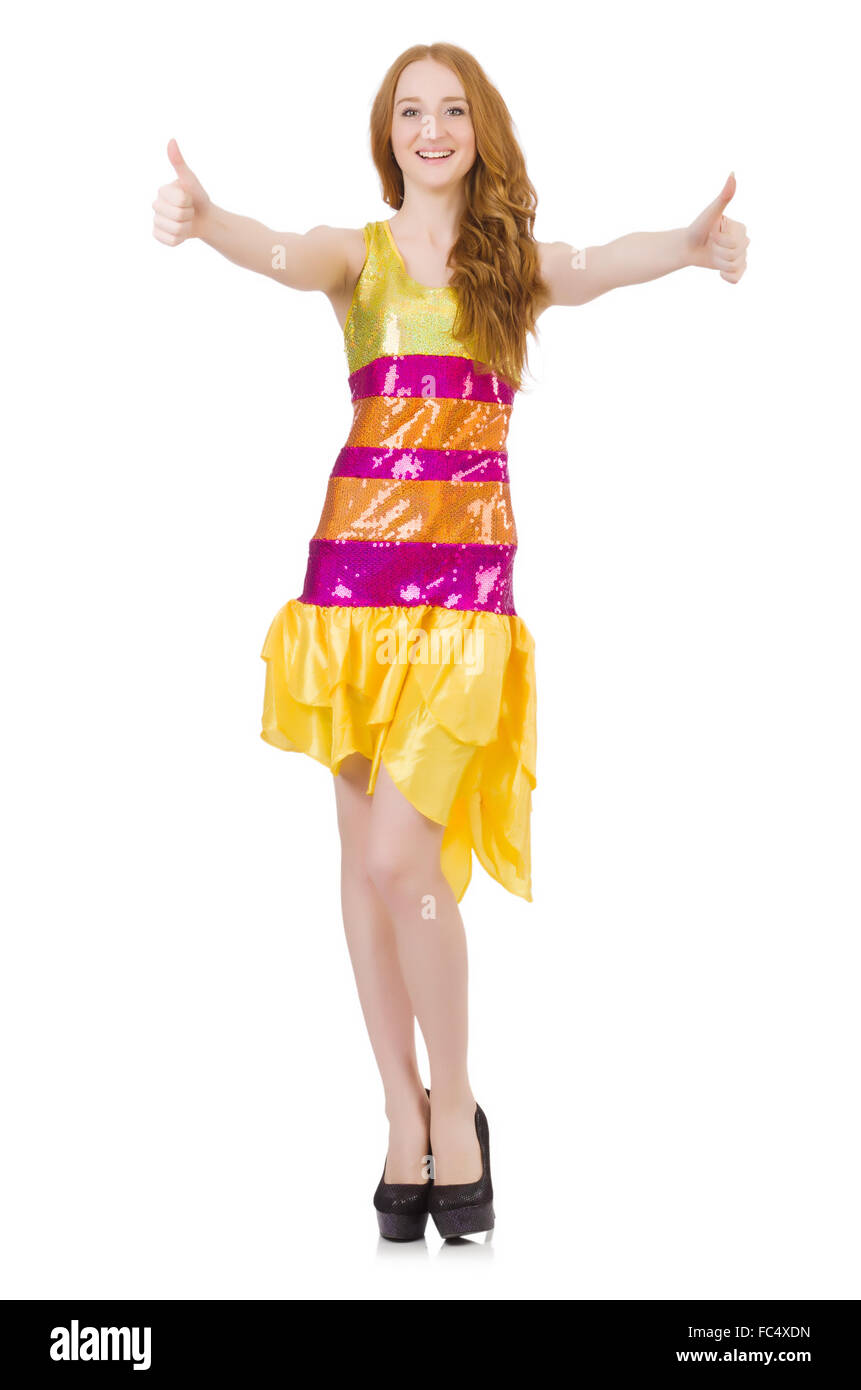 Young girl in bright yellow dress isolated on white Stock Photo - Alamy